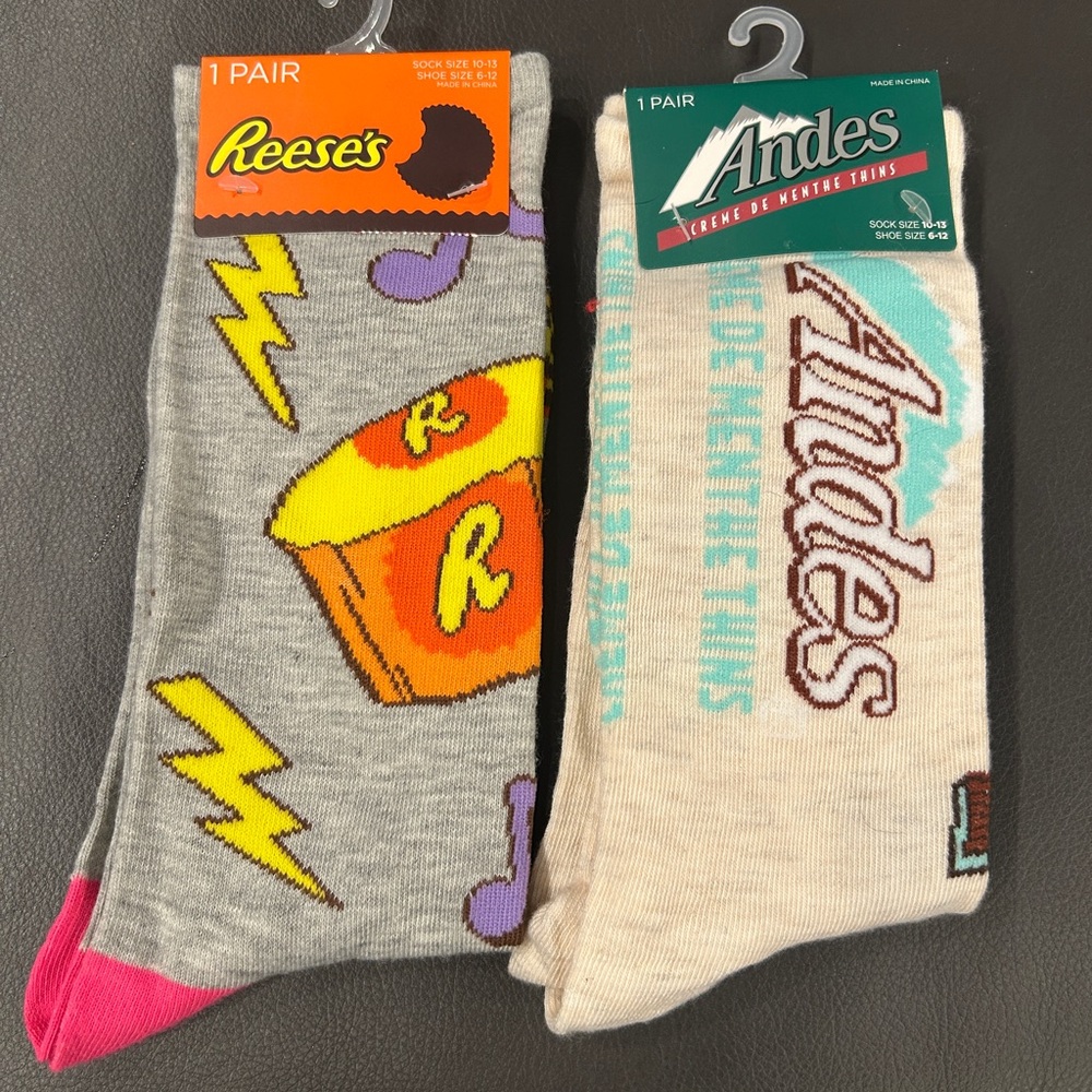 Two pairs of candy themed socks - Reese’s socks - Andes candies socks. NWT